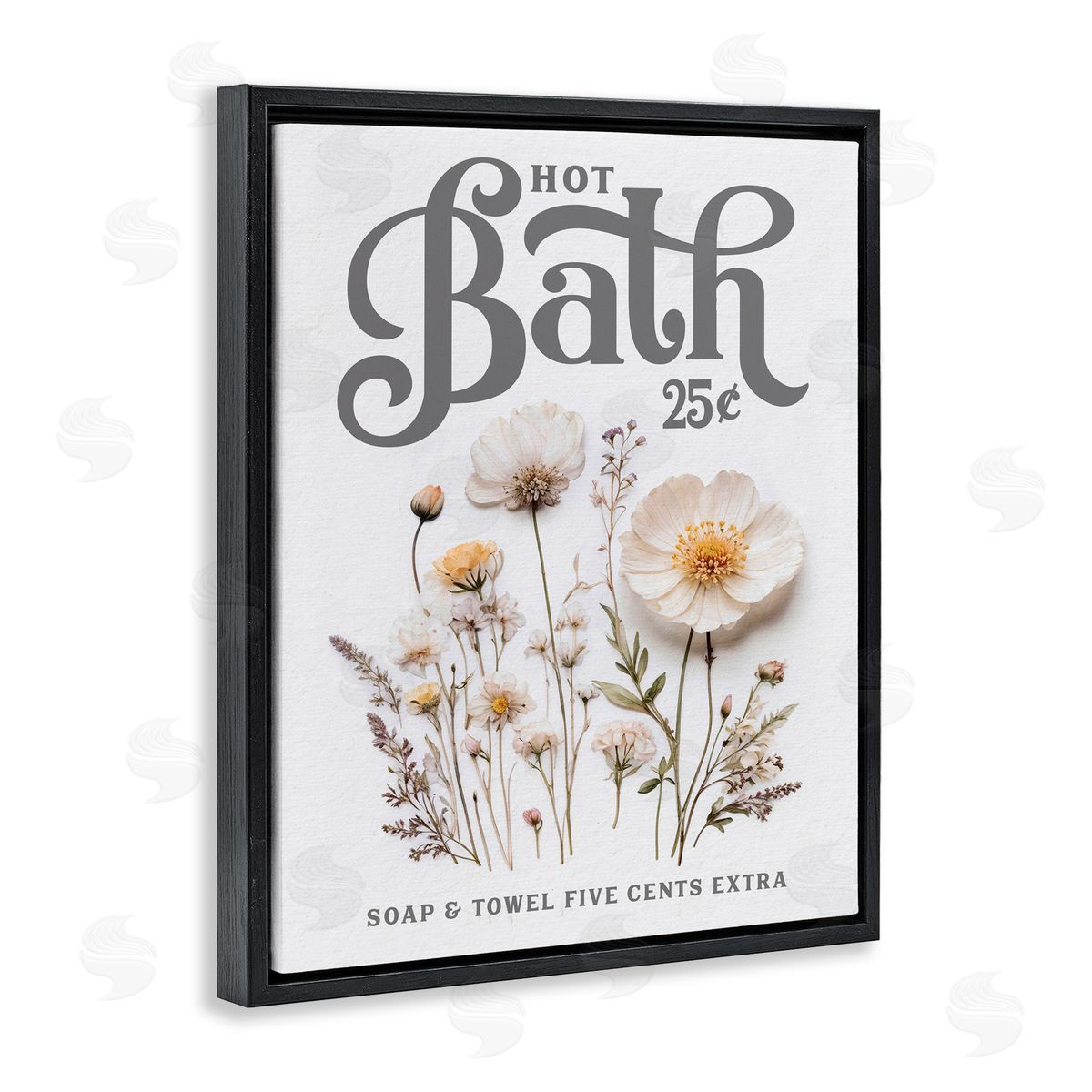 Lettered and Lined Pressed Flowers Hot Bath Black Floating Frame Canvas Wall Art Print