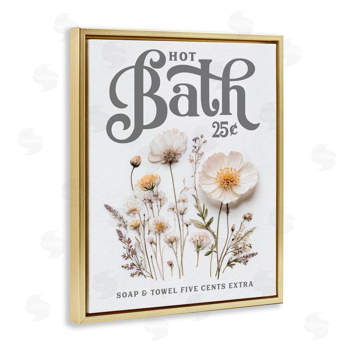 Lettered and Lined Pressed Flowers Hot Bath Gold Floating Frame Canvas Wall Art Print