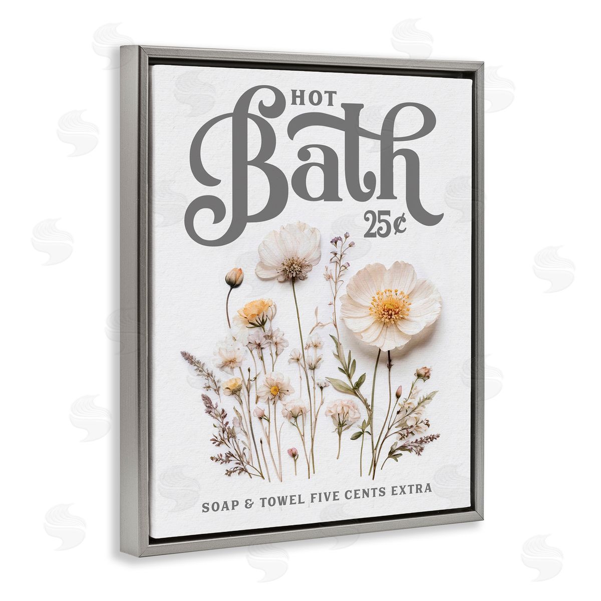 Lettered and Lined Pressed Flowers Hot Bath Gray Floating Frame Canvas Wall Art Print