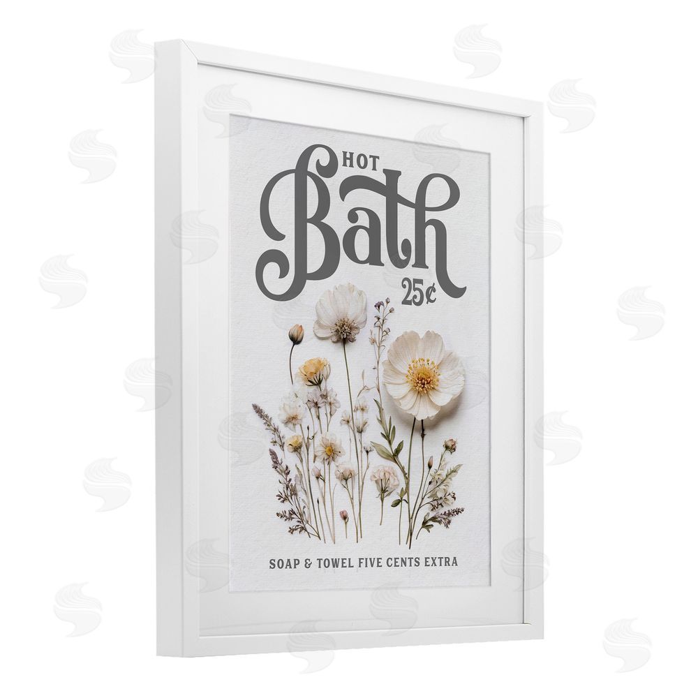 Lettered and Lined Pressed Flowers Hot Bath White Framed Print Under Glass Wall Art