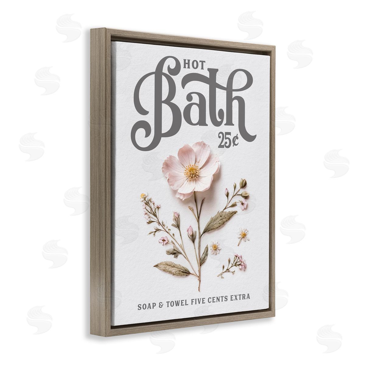 Lettered and Lined Pressed Flower Vintage Bath Brown Floating Frame Canvas Wall Art Print