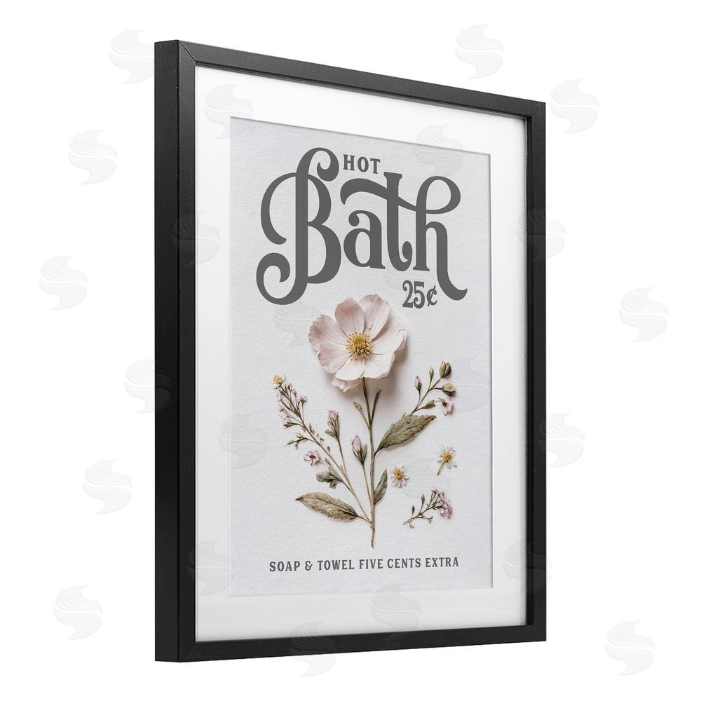 Lettered and Lined Pressed Flower Vintage Bath Black Framed Print Under Glass Wall Art