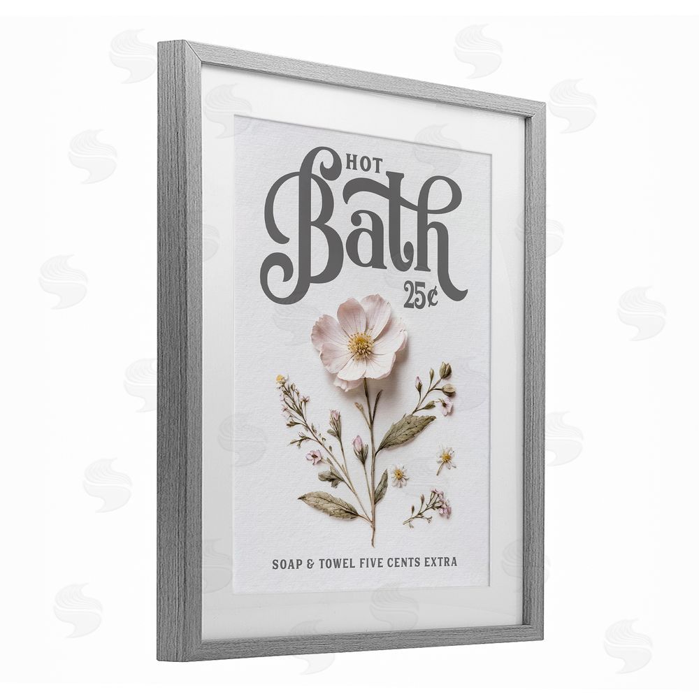 Lettered and Lined Pressed Flower Vintage Bath Gray Framed Print Under Glass Wall Art