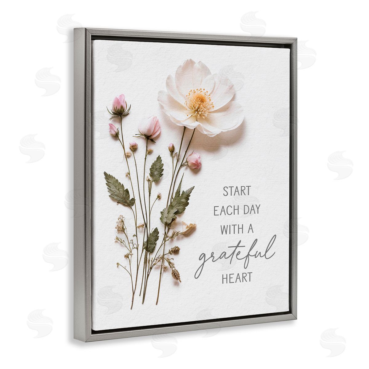 Lettered and Lined Grateful Heart Pressed Flowers Gray Floating Frame Canvas Wall Art Print