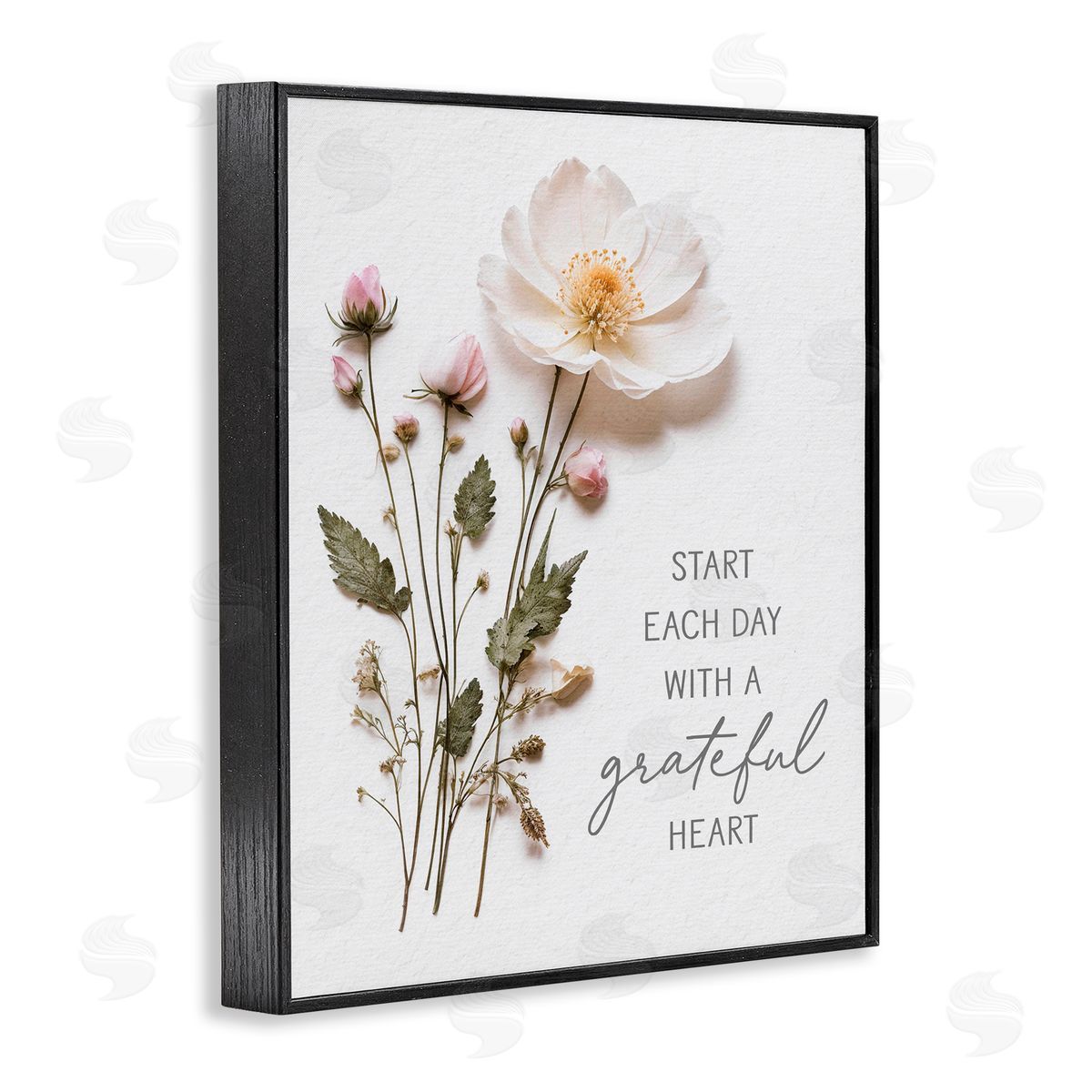 Lettered and Lined Grateful Heart Pressed Flowers Black Framed Giclee Print Wall Art