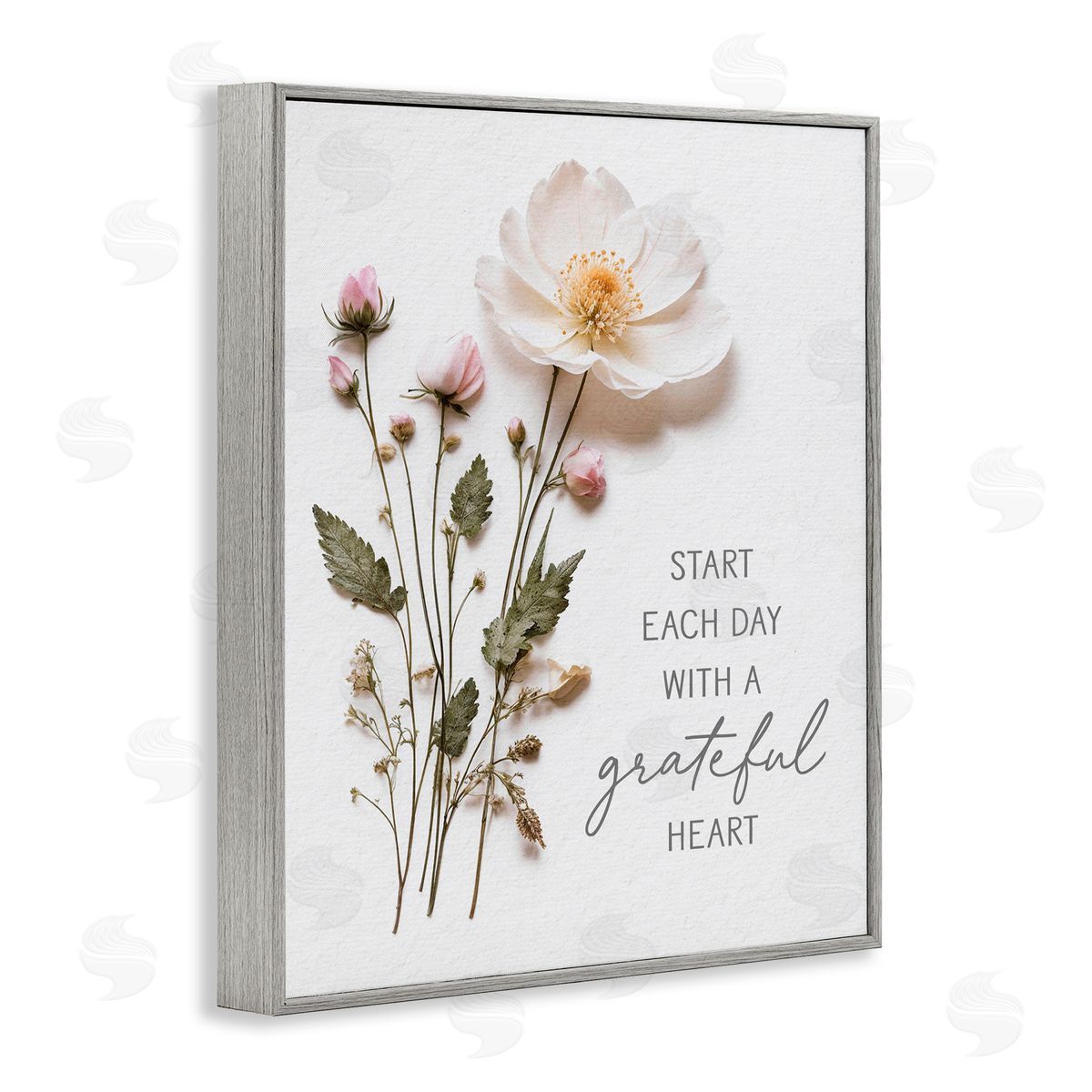 Lettered and Lined Grateful Heart Pressed Flowers Gray Framed Giclee Print Wall Art