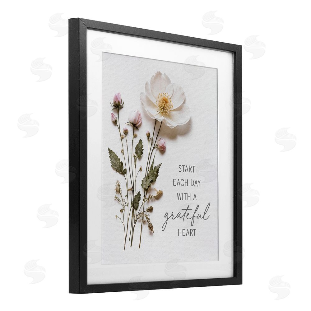 Lettered and Lined Grateful Heart Pressed Flowers Black Framed Print Under Glass Wall Art