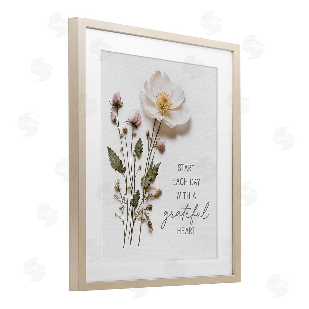 Lettered and Lined Grateful Heart Pressed Flowers Brown Framed Print Under Glass Wall Art