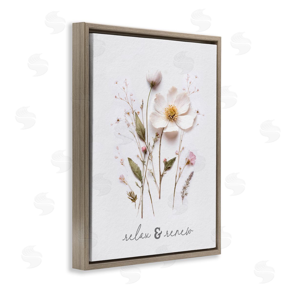 Lettered and Lined Pressed Flower Relax & Renew Brown Floating Frame Canvas Wall Art Print