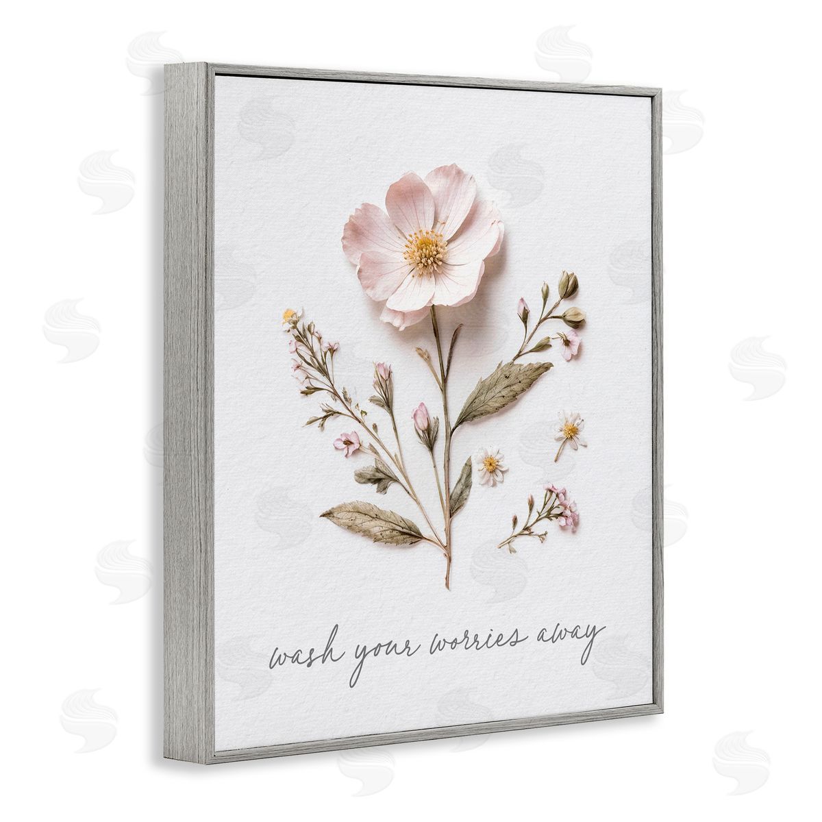 Lettered and Lined Pressed Flower Wash Worries Away Gray Framed Giclee Print Wall Art
