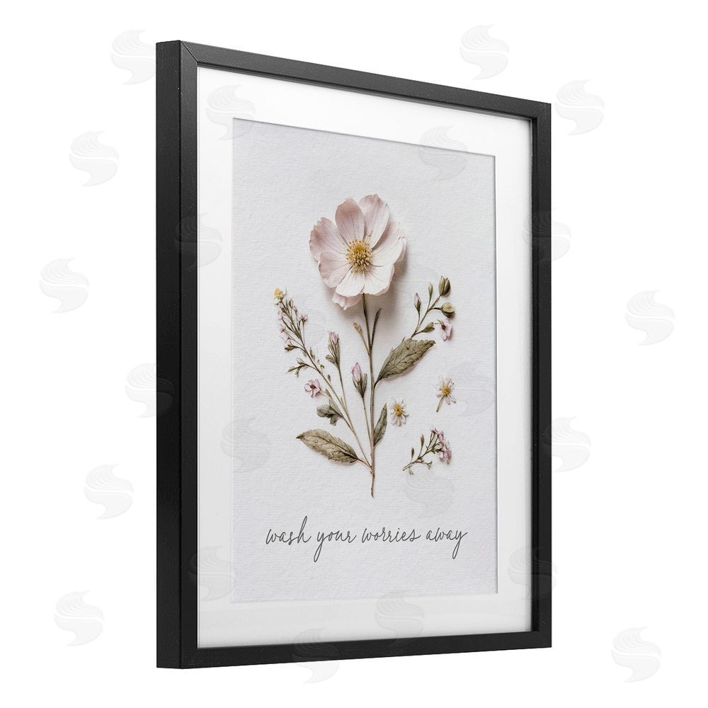 Lettered and Lined Pressed Flower Wash Worries Away Black Framed Print Under Glass Wall Art