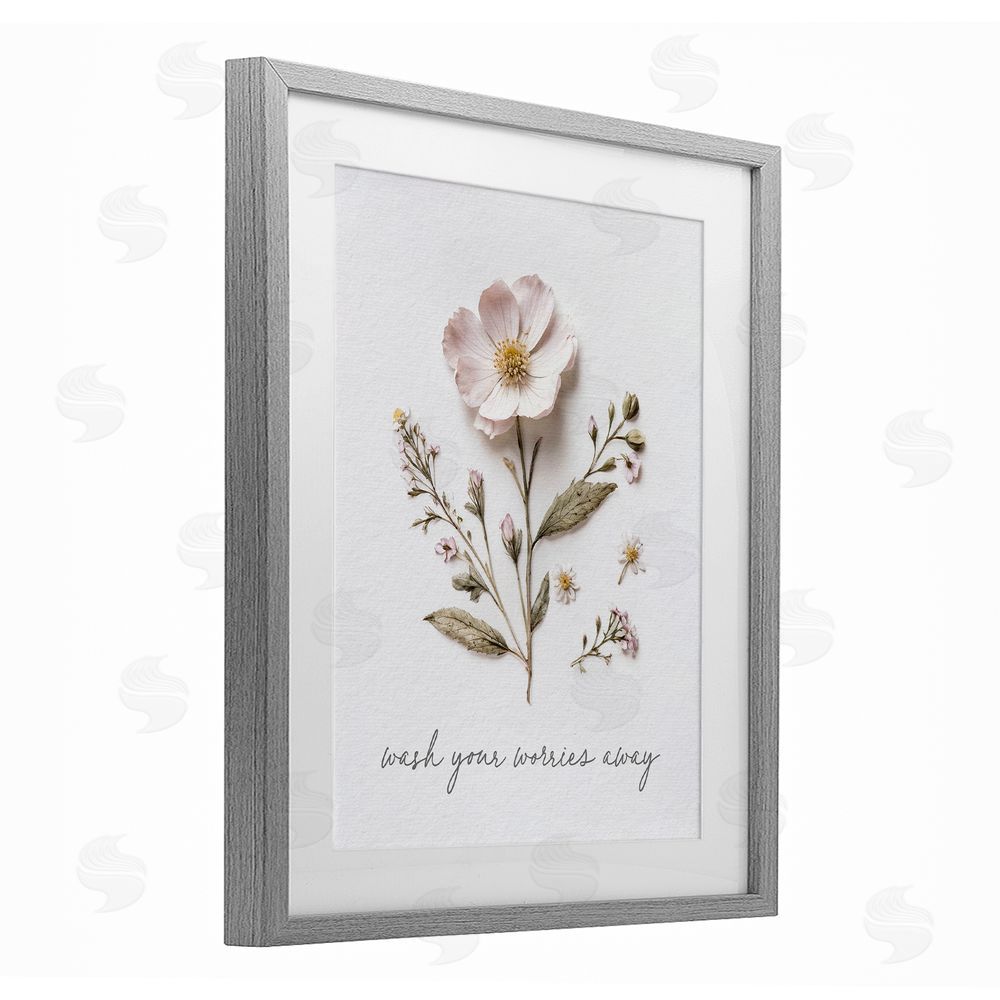 Lettered and Lined Pressed Flower Wash Worries Away Gray Framed Print Under Glass Wall Art