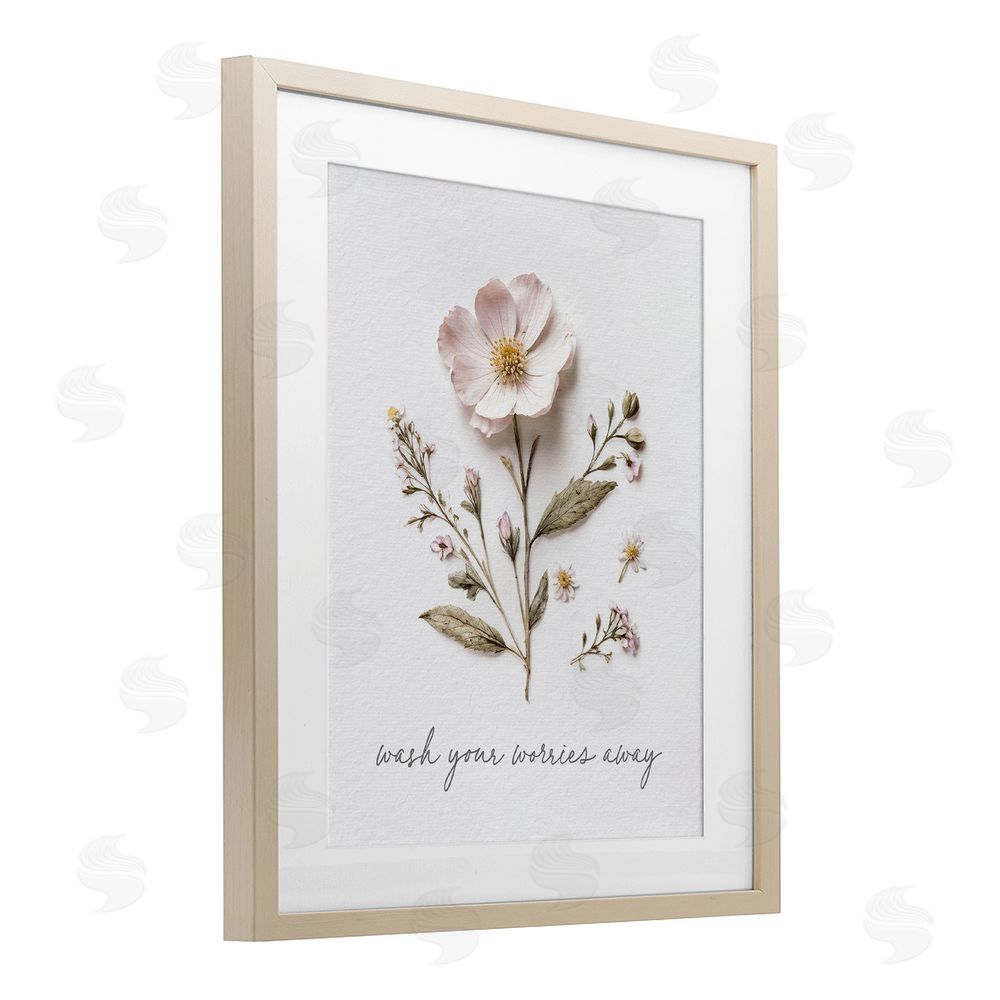 Lettered and Lined Pressed Flower Wash Worries Away Brown Framed Print Under Glass Wall Art