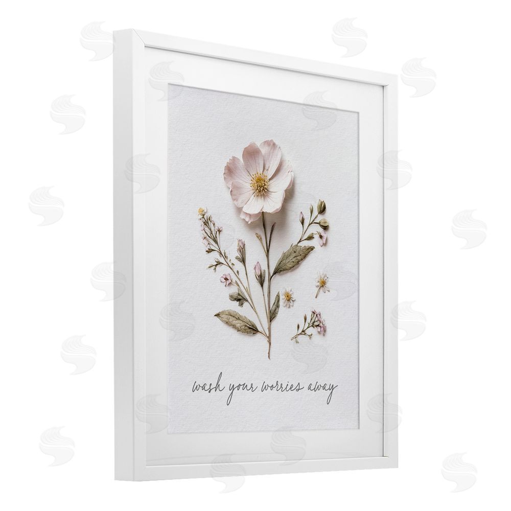 Lettered and Lined Pressed Flower Wash Worries Away White Framed Print Under Glass Wall Art