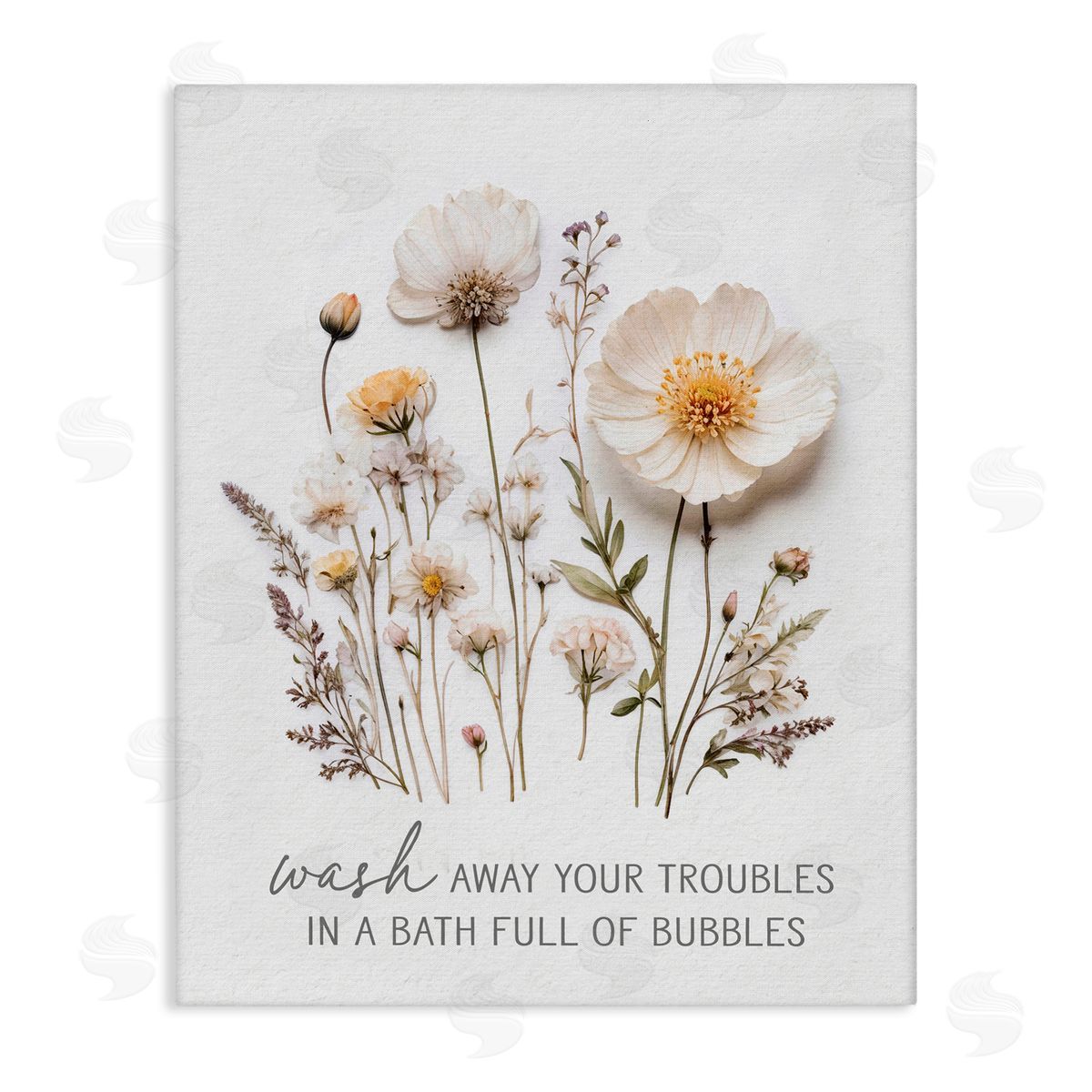 Lettered and Lined Pressed Flowers Wash Away Troubles Stretched Canvas Wall Art Print