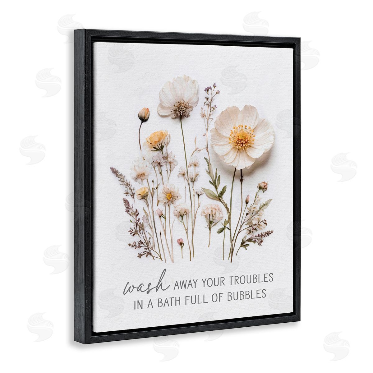 Lettered and Lined Pressed Flowers Wash Away Troubles Black Floating Frame Canvas Wall Art Print