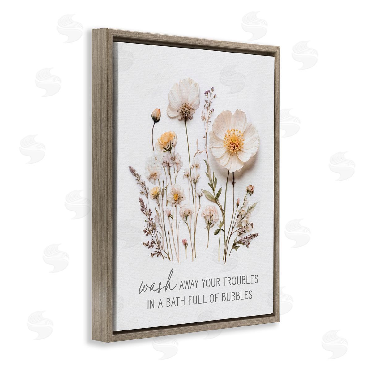 Lettered and Lined Pressed Flowers Wash Away Troubles Brown Floating Frame Canvas Wall Art Print