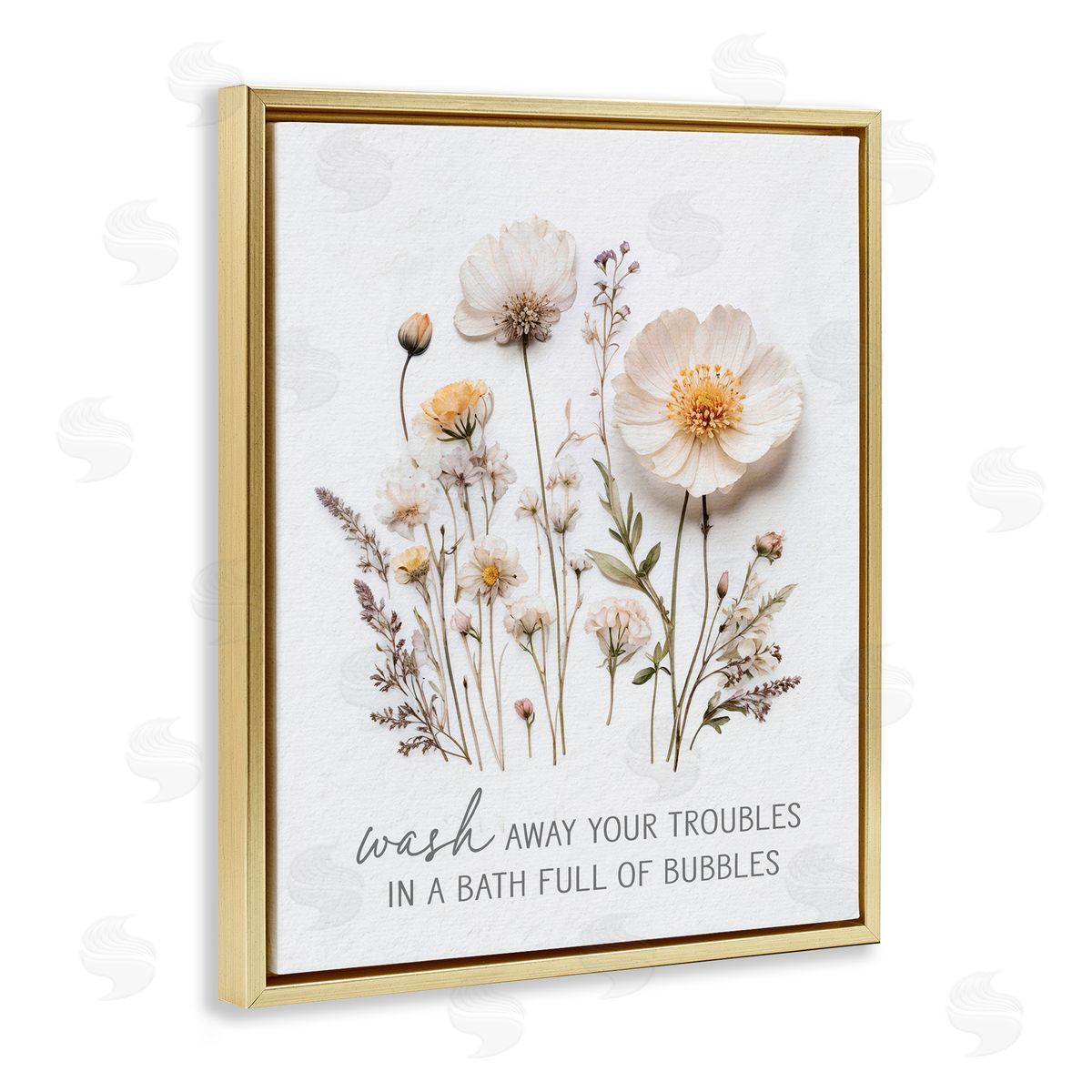 Lettered and Lined Pressed Flowers Wash Away Troubles Gold Floating Frame Canvas Wall Art Print