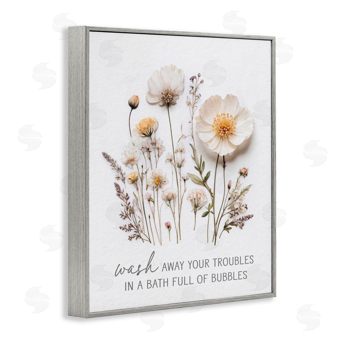 Lettered and Lined Pressed Flowers Wash Away Troubles Gray Framed Giclee Print Wall Art