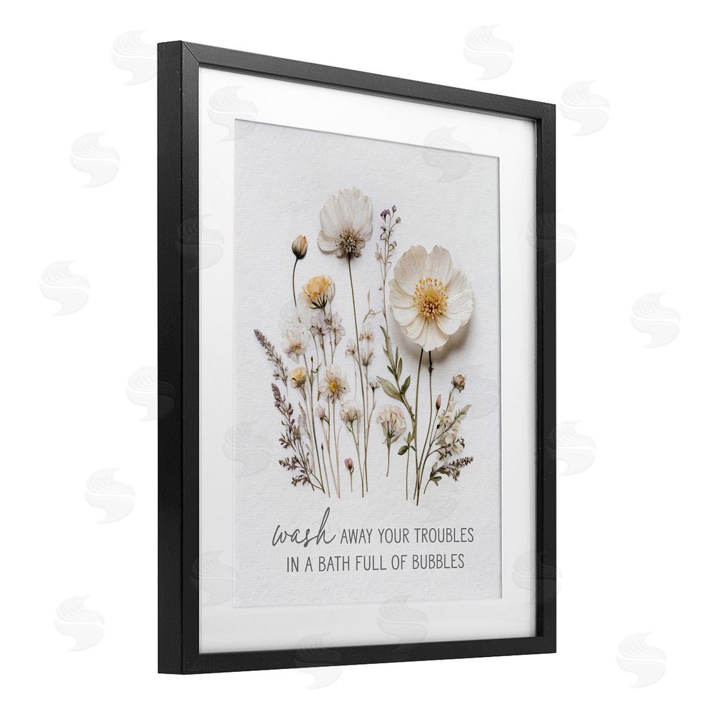 Lettered and Lined Pressed Flowers Wash Away Troubles Black Framed Print Under Glass Wall Art