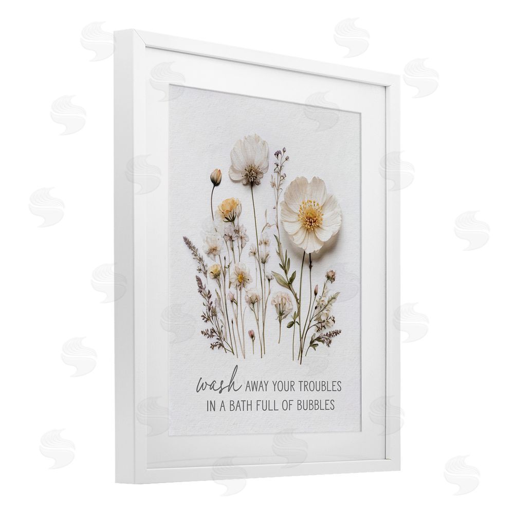 Lettered and Lined Pressed Flowers Wash Away Troubles White Framed Print Under Glass Wall Art