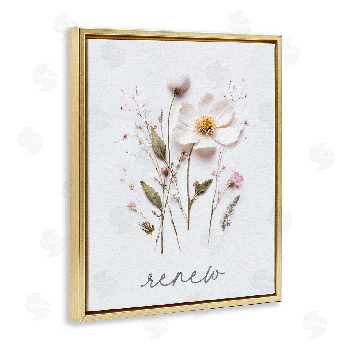Lettered and Lined Pressed Flowers Renew Gold Floating Frame Canvas Wall Art Print