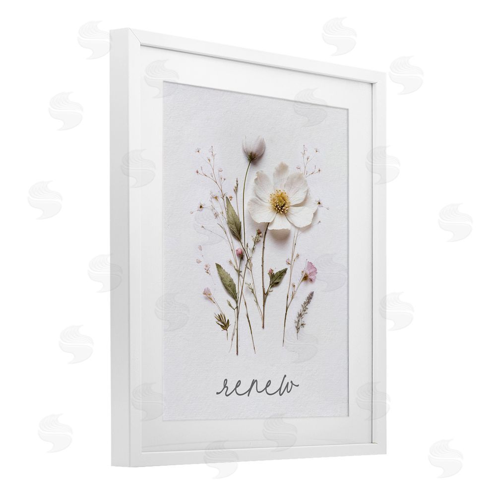 Lettered and Lined Pressed Flowers Renew White Framed Print Under Glass Wall Art