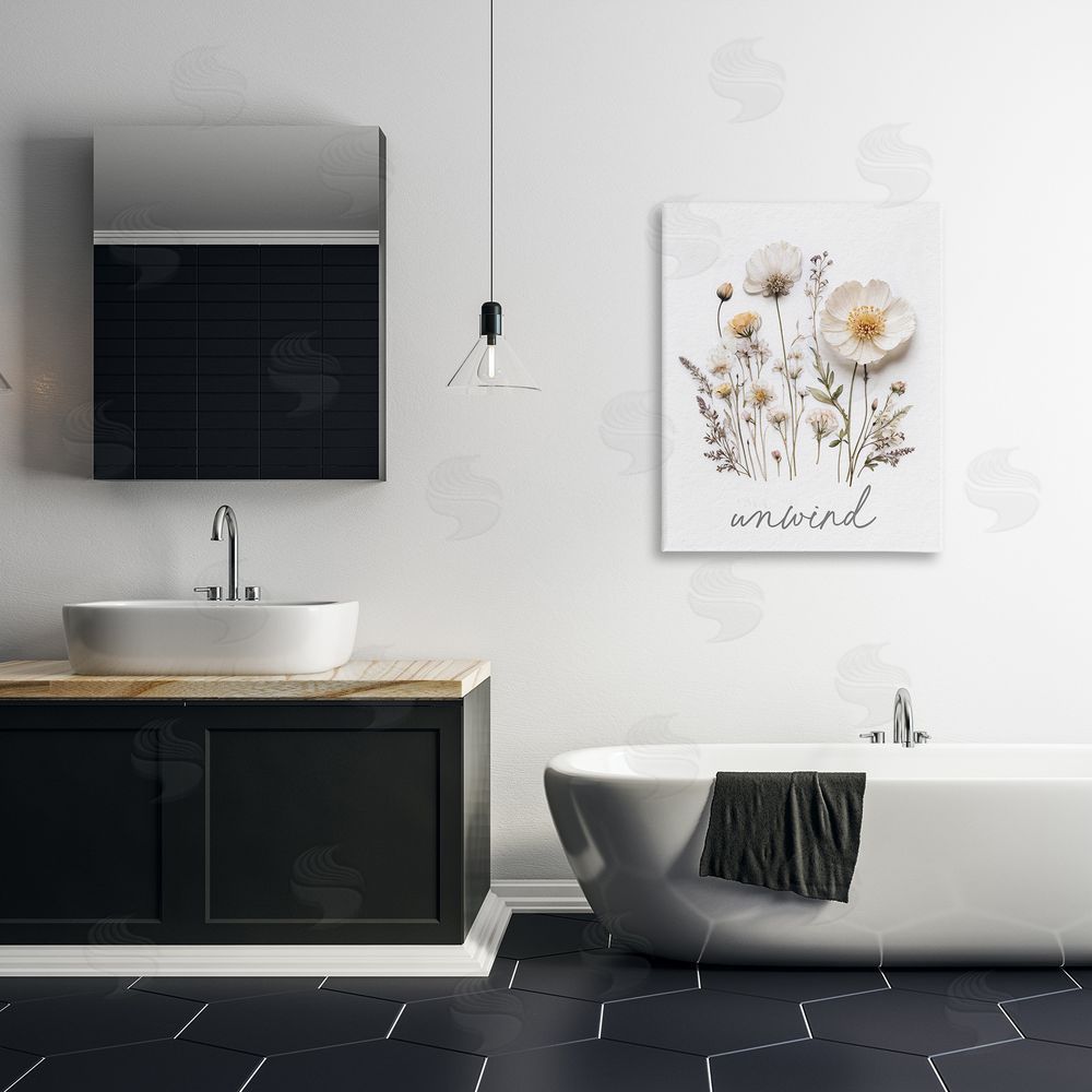 Lettered and Lined Pressed Flowers Unwind Stretched Canvas Wall Art Print in Room