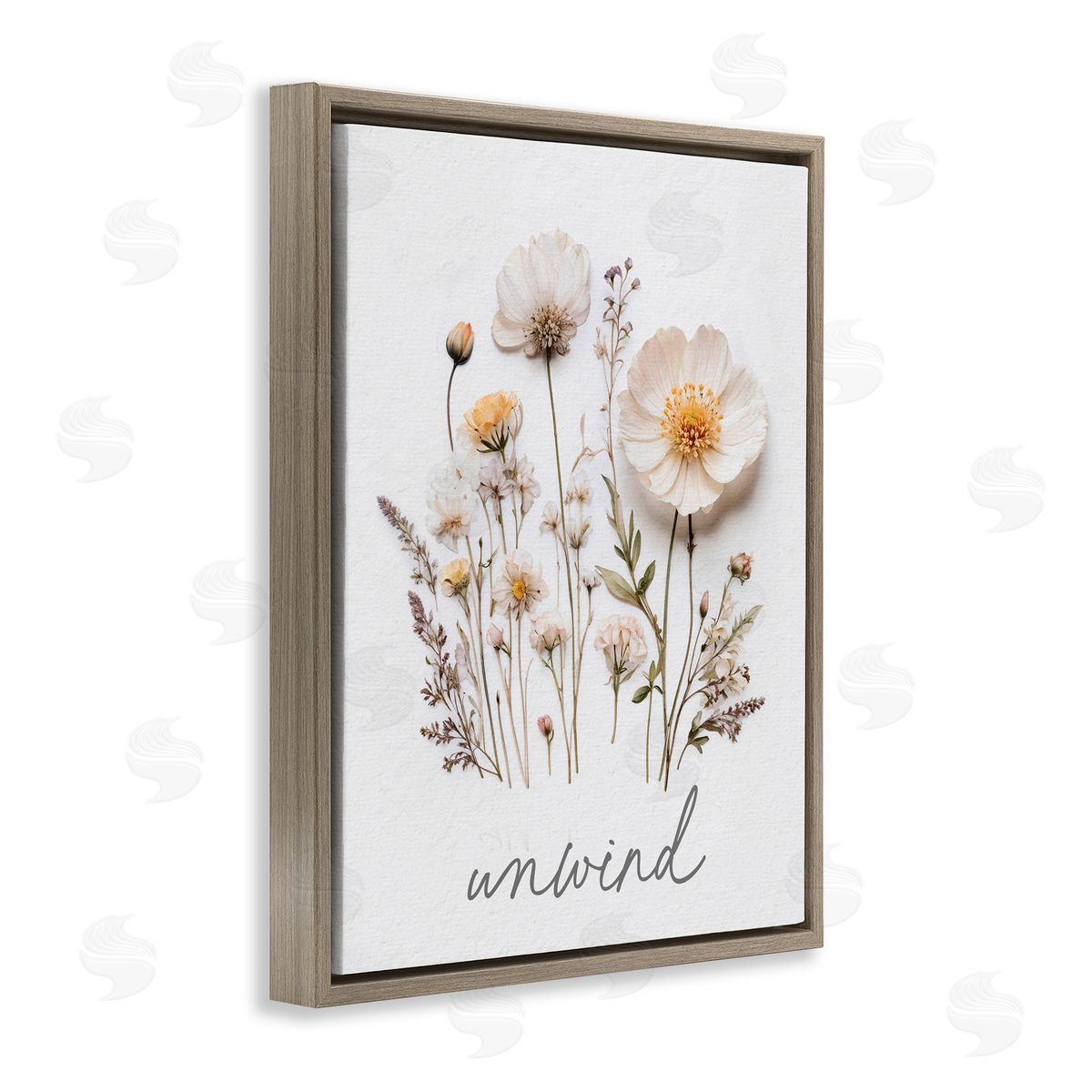 Lettered and Lined Pressed Flowers Unwind Brown Floating Frame Canvas Wall Art Print