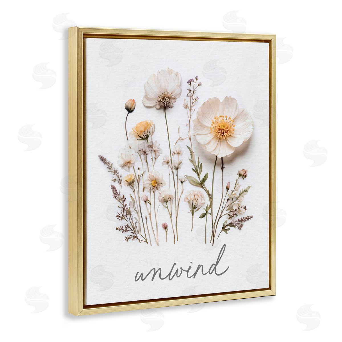 Lettered and Lined Pressed Flowers Unwind Gold Floating Frame Canvas Wall Art Print