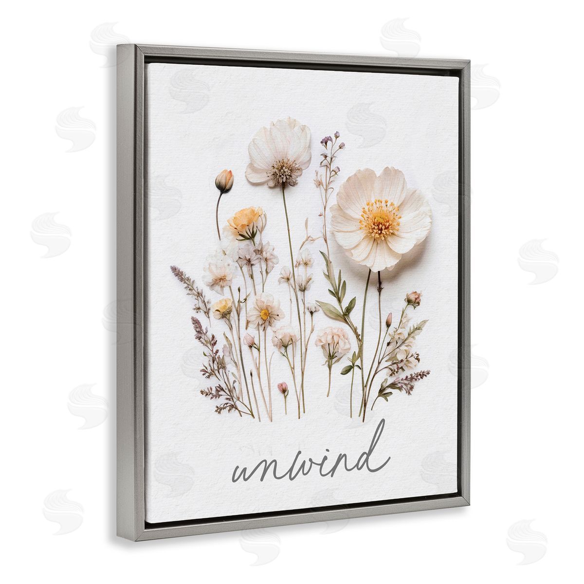 Lettered and Lined Pressed Flowers Unwind Gray Floating Frame Canvas Wall Art Print