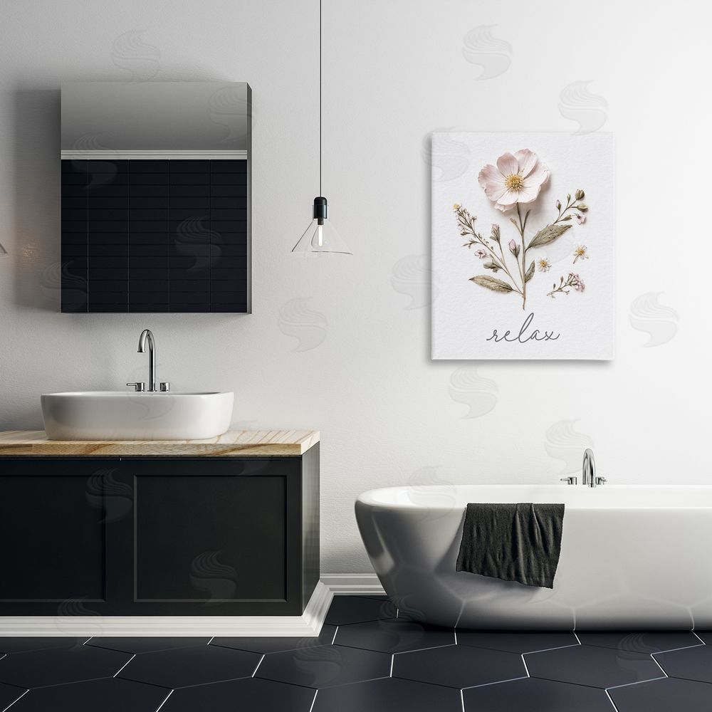 Lettered and Lined Pressed Flowers Relax Stretched Canvas Wall Art Print in Room