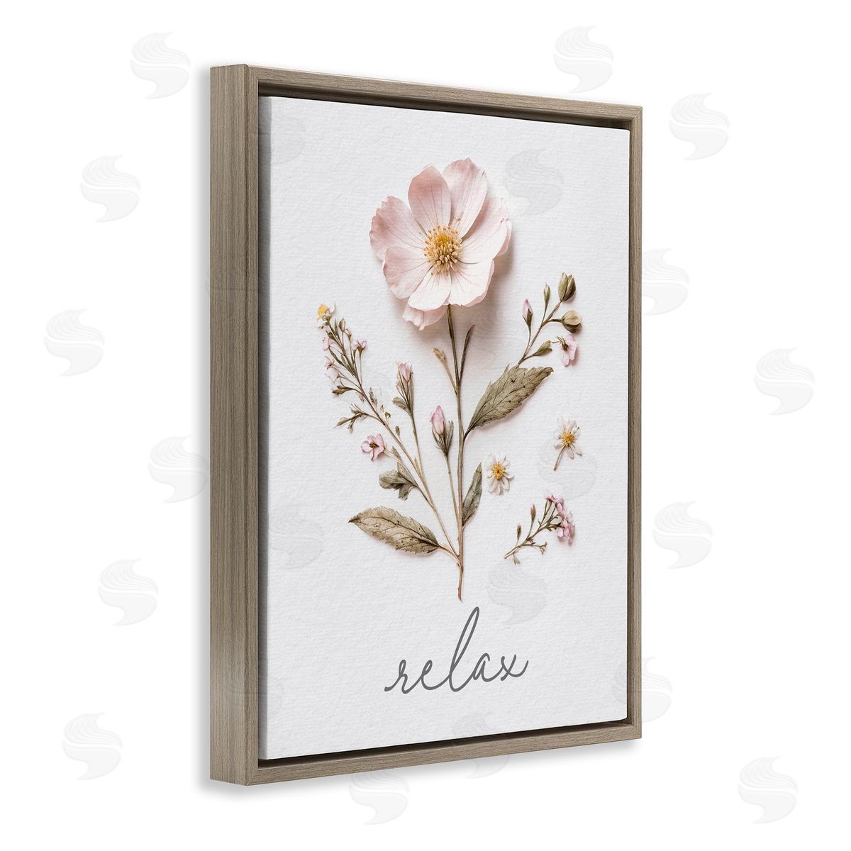 Lettered and Lined Pressed Flowers Relax Brown Floating Frame Canvas Wall Art Print