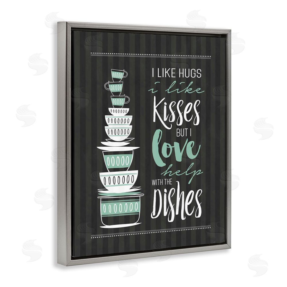 Lettered and Lined Love Help With Dishes Gray Floating Frame Canvas Wall Art Print