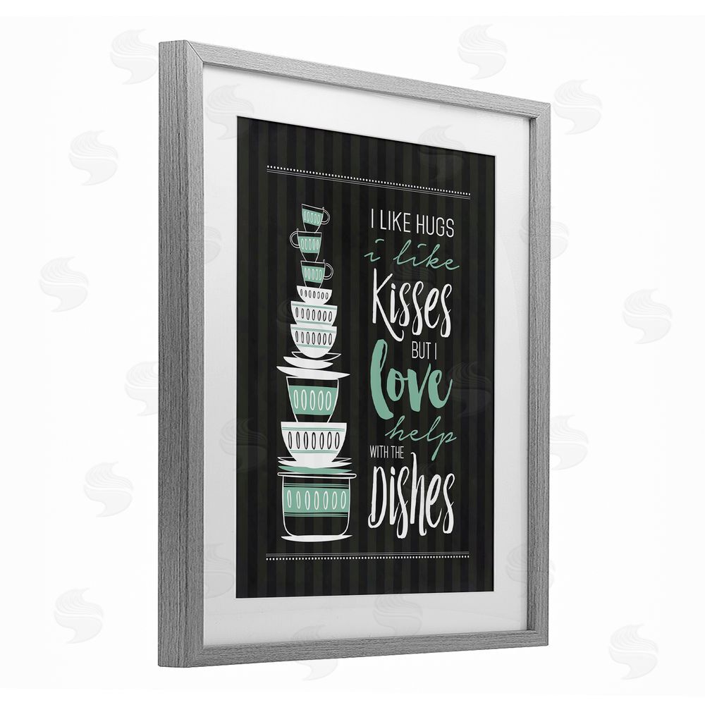 Lettered and Lined Love Help With Dishes Gray Framed Print Under Glass Wall Art