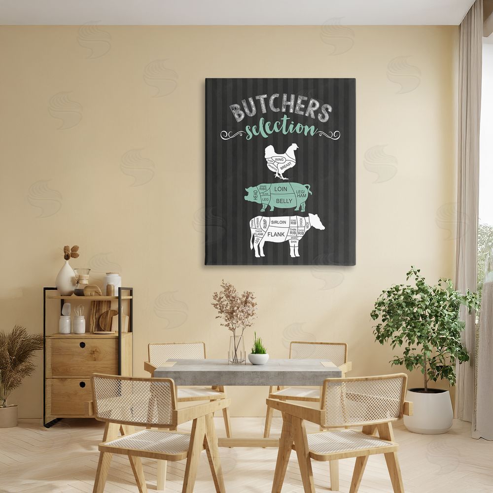 Lettered and Lined Butchers Selection Black & Green Stretched Canvas Wall Art Print in Room