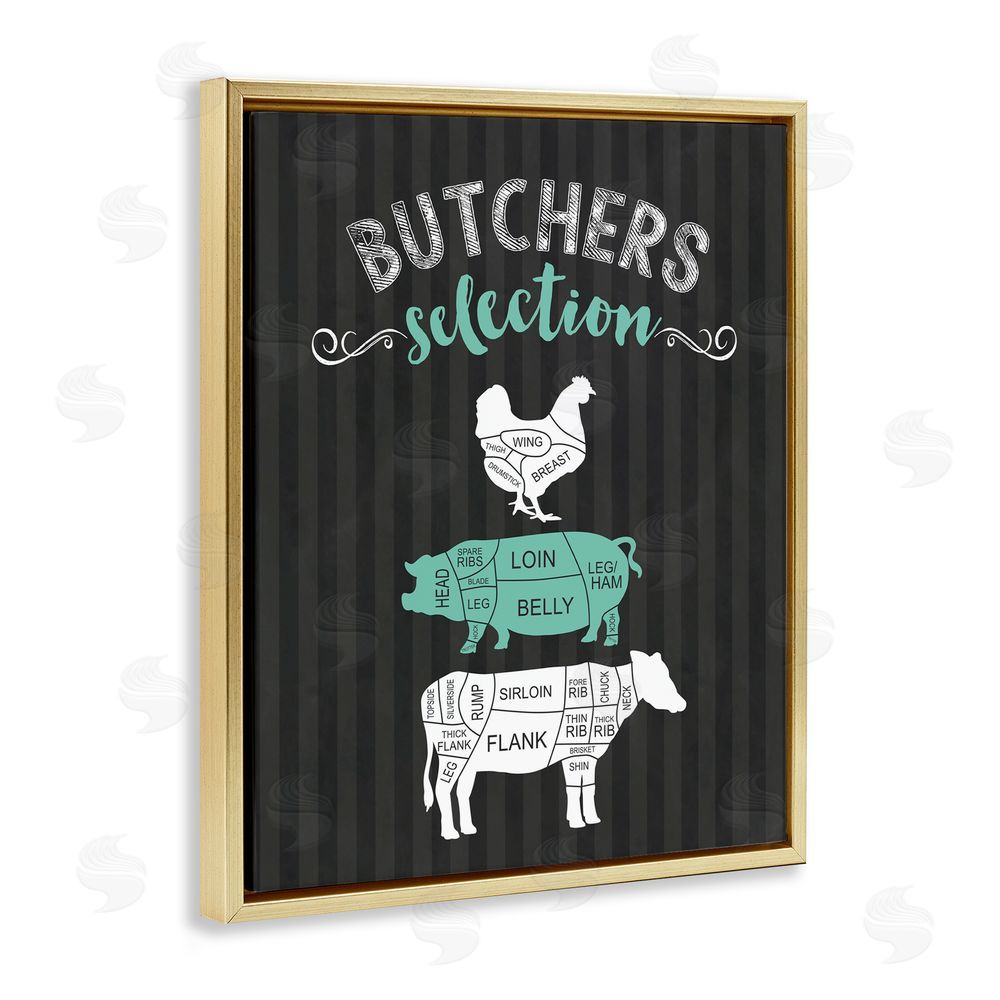 Lettered and Lined Butchers Selection Black & Green Gold Floating Frame Canvas Wall Art Print