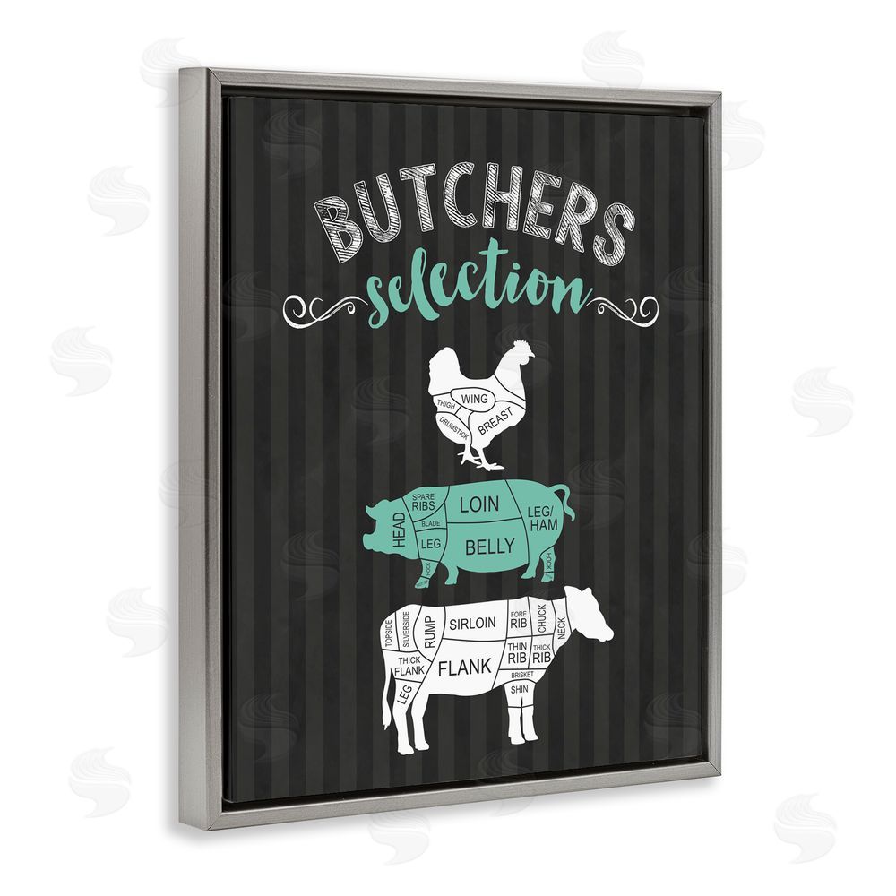 Lettered and Lined Butchers Selection Black & Green Gray Floating Frame Canvas Wall Art Print