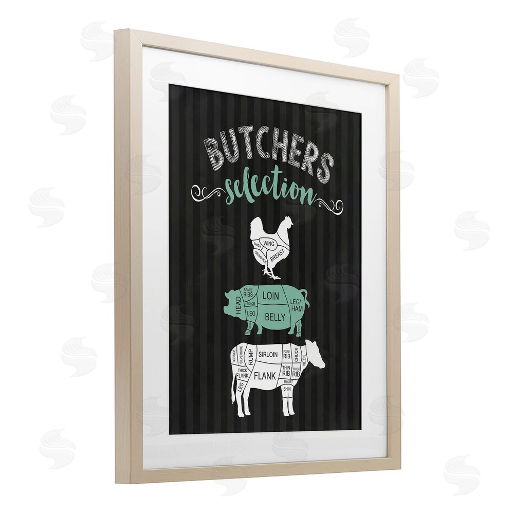 Lettered and Lined Butchers Selection Black & Green Brown Framed Print Under Glass Wall Art