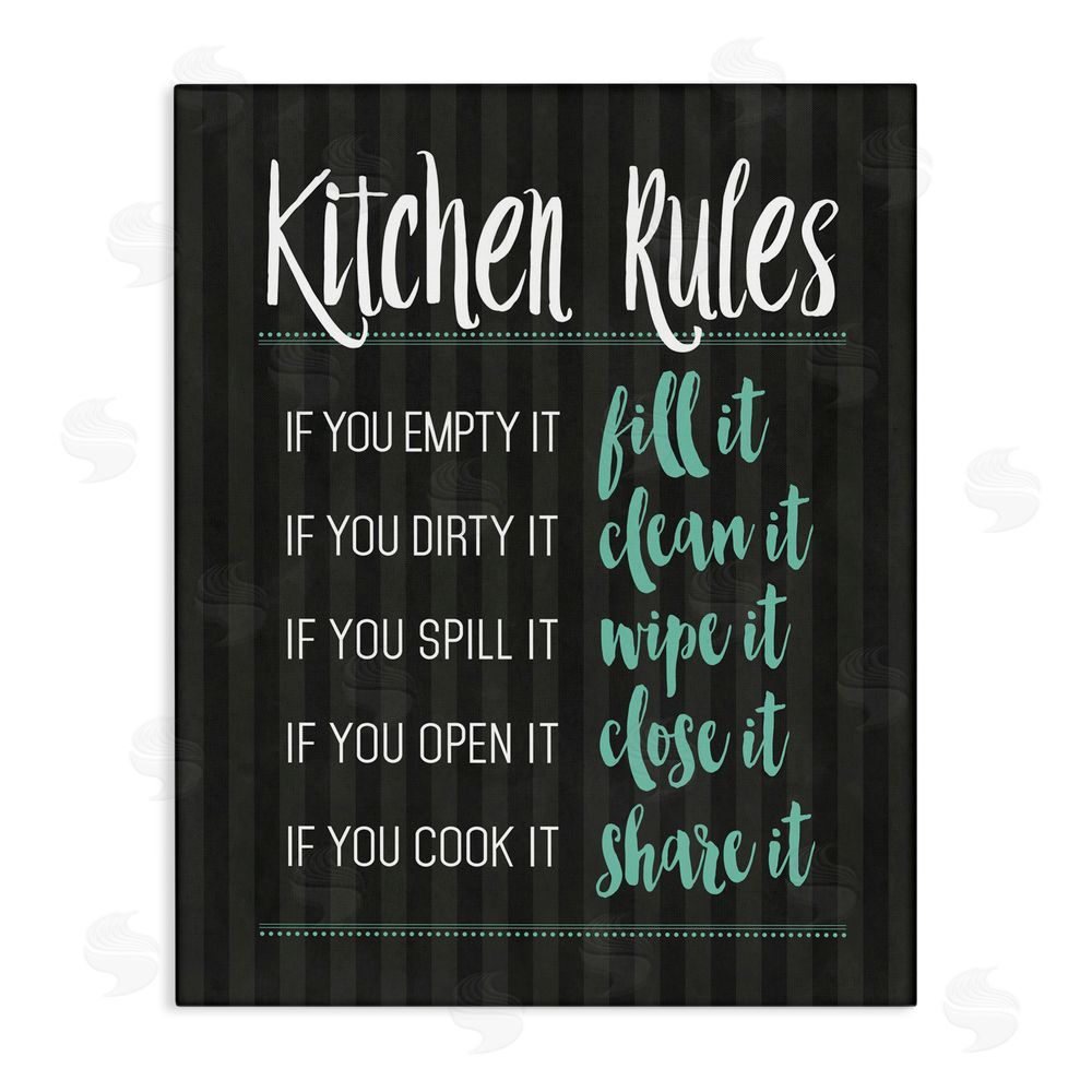 Lettered and Lined Kitchen Rules Black & Green Stretched Canvas Wall Art Print