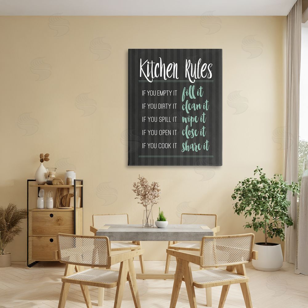 Lettered and Lined Kitchen Rules Black & Green Stretched Canvas Wall Art Print in Room