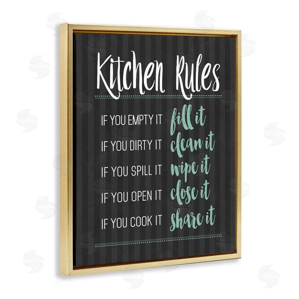 Lettered and Lined Kitchen Rules Black & Green Gold Floating Frame Canvas Wall Art Print
