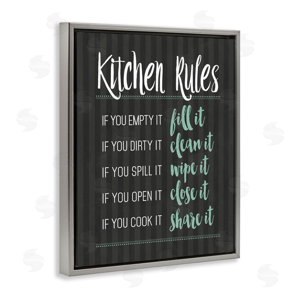 Lettered and Lined Kitchen Rules Black & Green Gray Floating Frame Canvas Wall Art Print