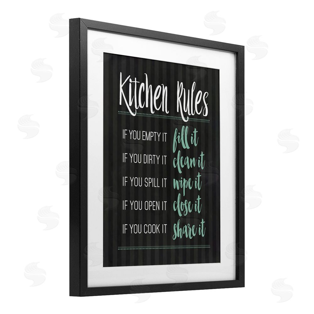Lettered and Lined Kitchen Rules Black & Green Black Framed Print Under Glass Wall Art