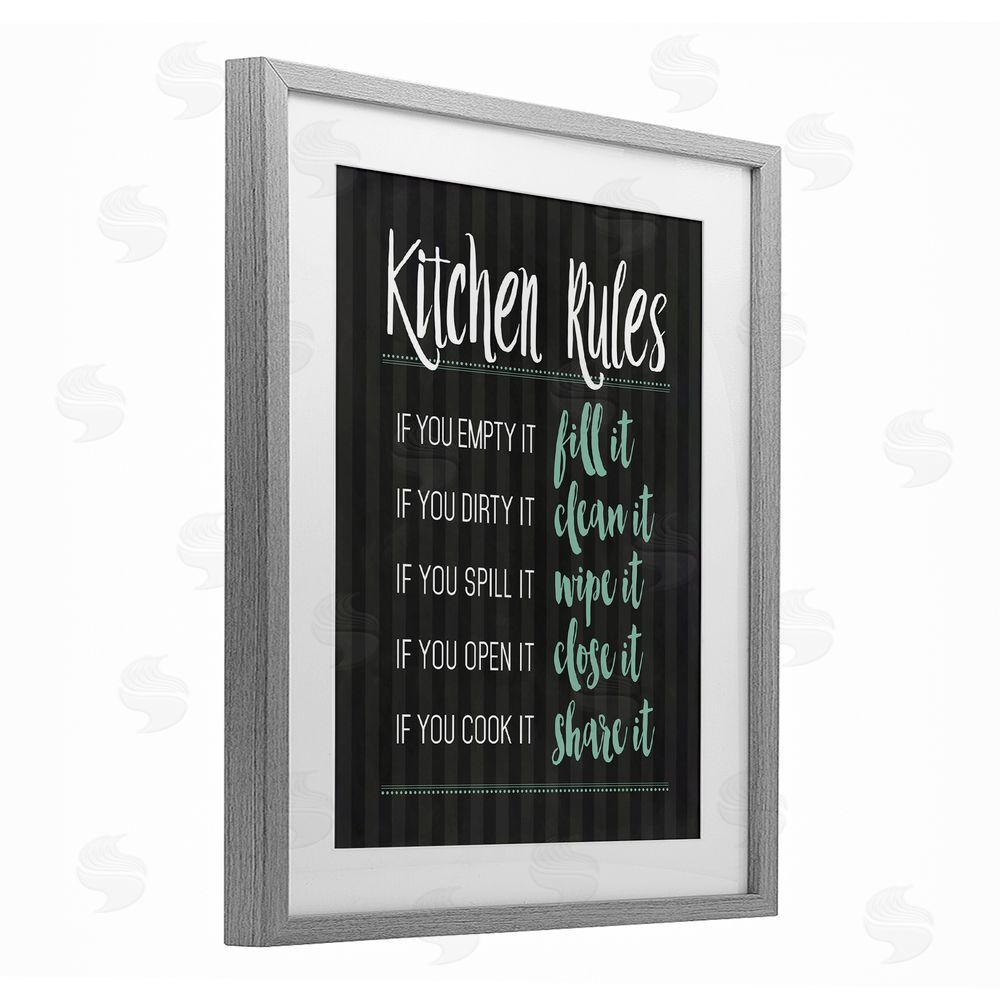 Lettered and Lined Kitchen Rules Black & Green Gray Framed Print Under Glass Wall Art