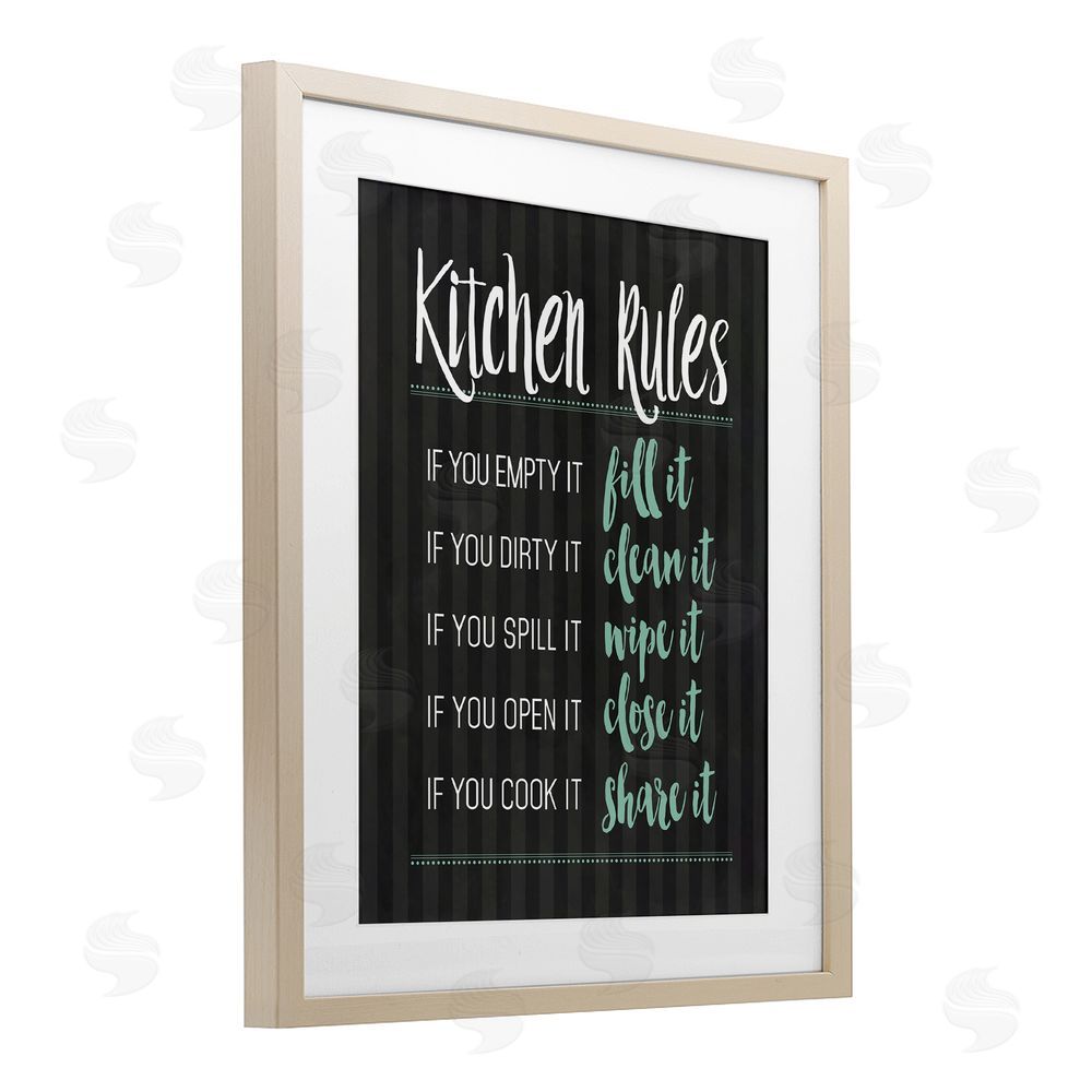Lettered and Lined Kitchen Rules Black & Green Brown Framed Print Under Glass Wall Art