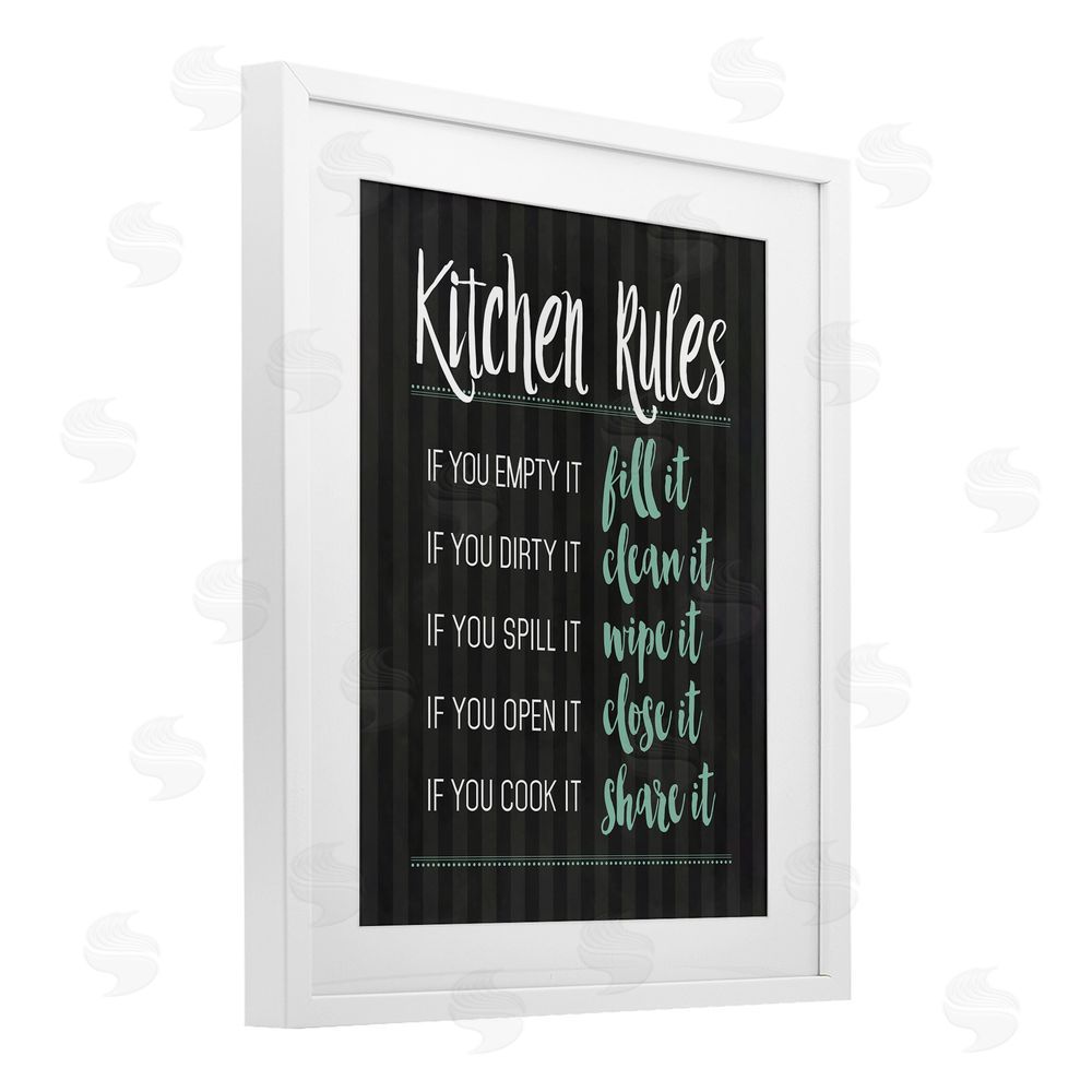 Lettered and Lined Kitchen Rules Black & Green White Framed Print Under Glass Wall Art
