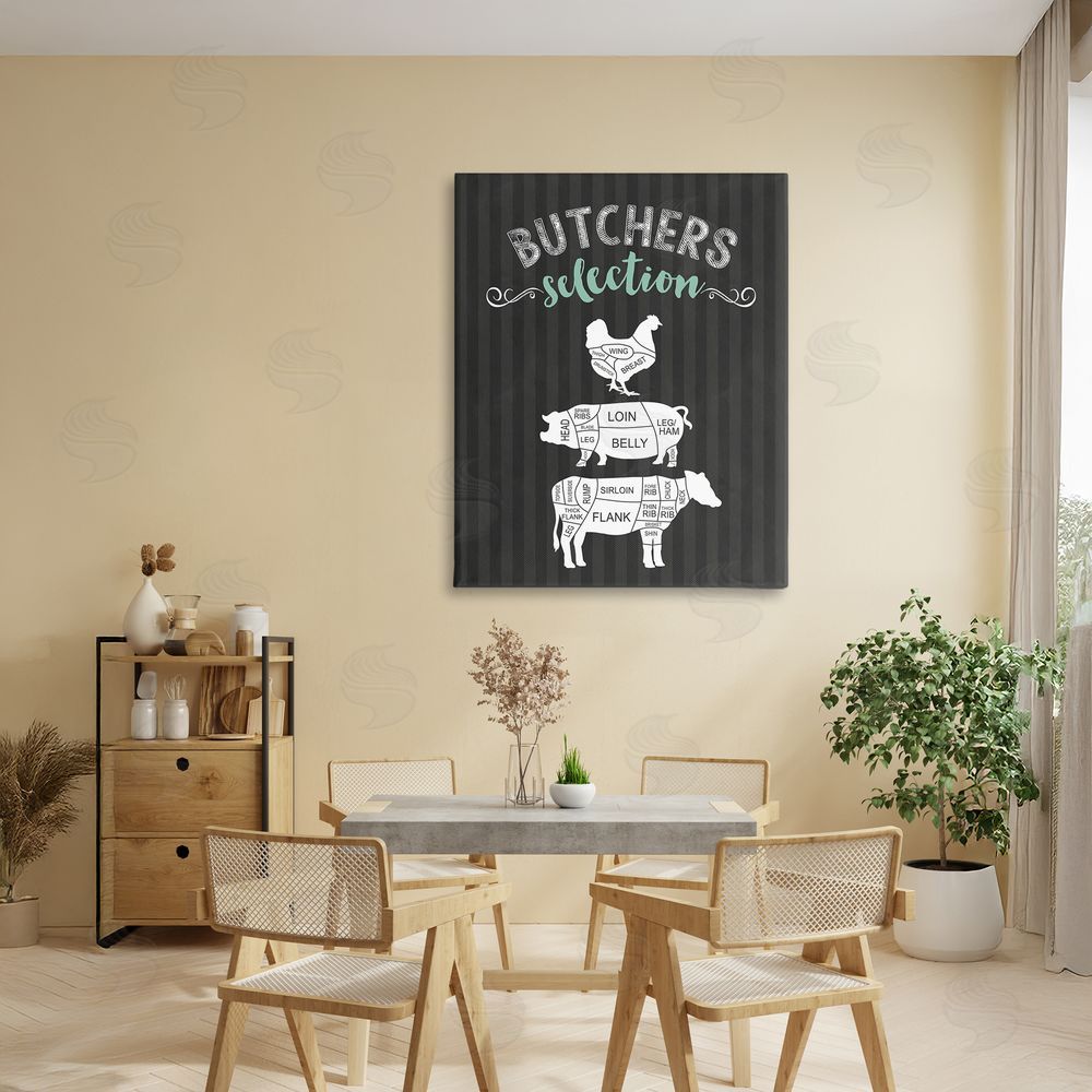 Lettered and Lined Butchers Selection Animal Sections Stretched Canvas Wall Art Print in Room