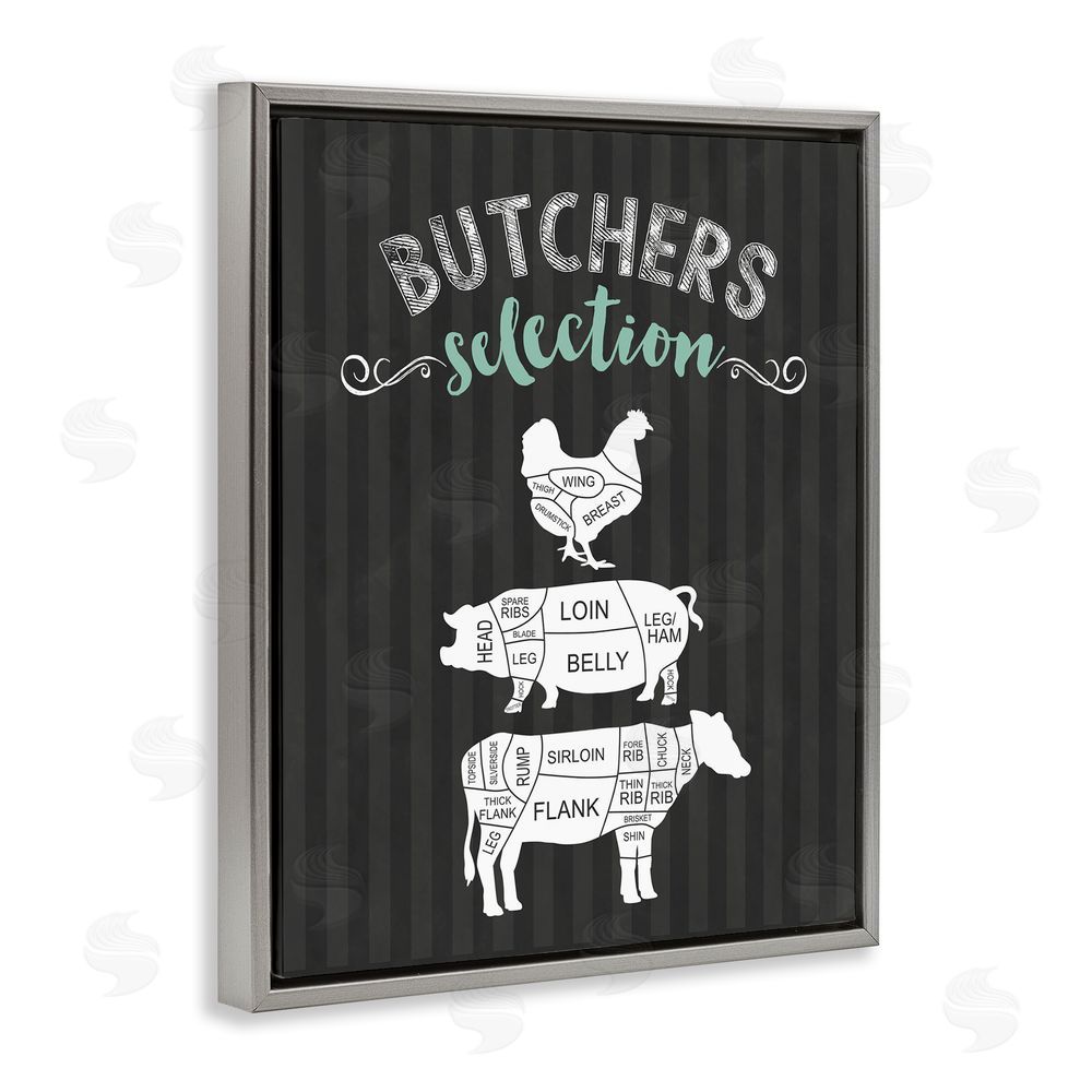Lettered and Lined Butchers Selection Animal Sections Gray Floating Frame Canvas Wall Art Print
