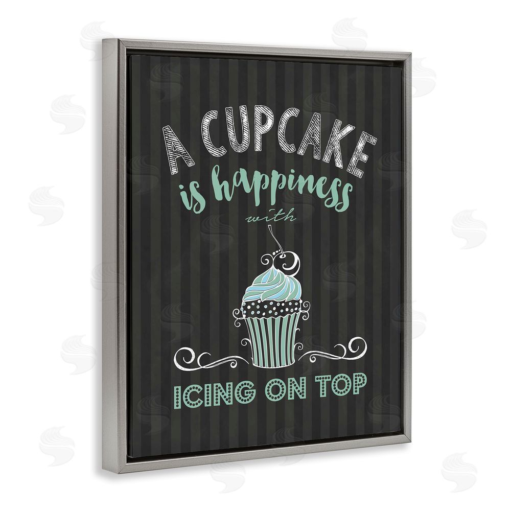 Lettered and Lined Cupcake Is Happiness with Icing Gray Floating Frame Canvas Wall Art Print